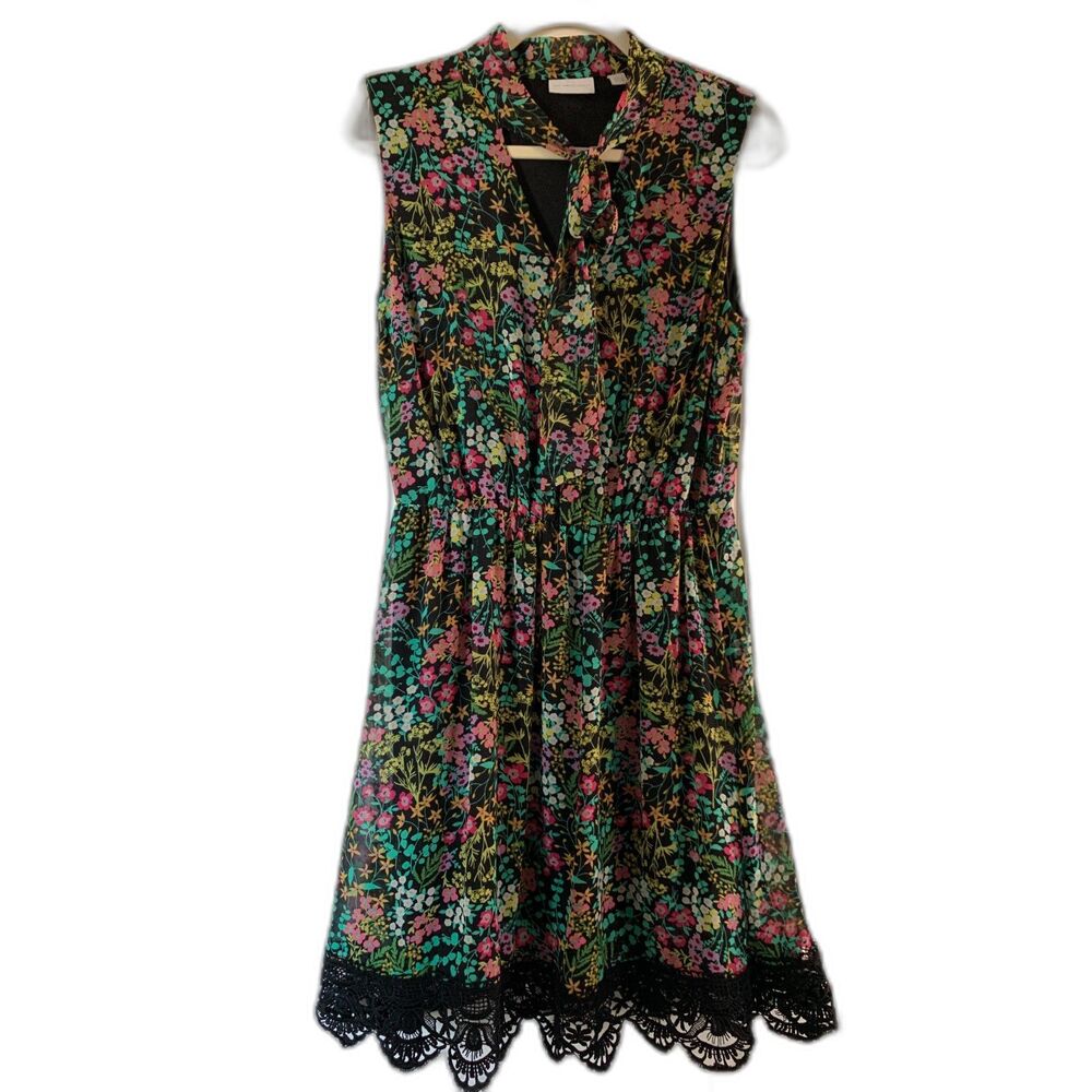 New York & Company Women Dress M Black Floral Tie-Neck Lace Hem Feminine